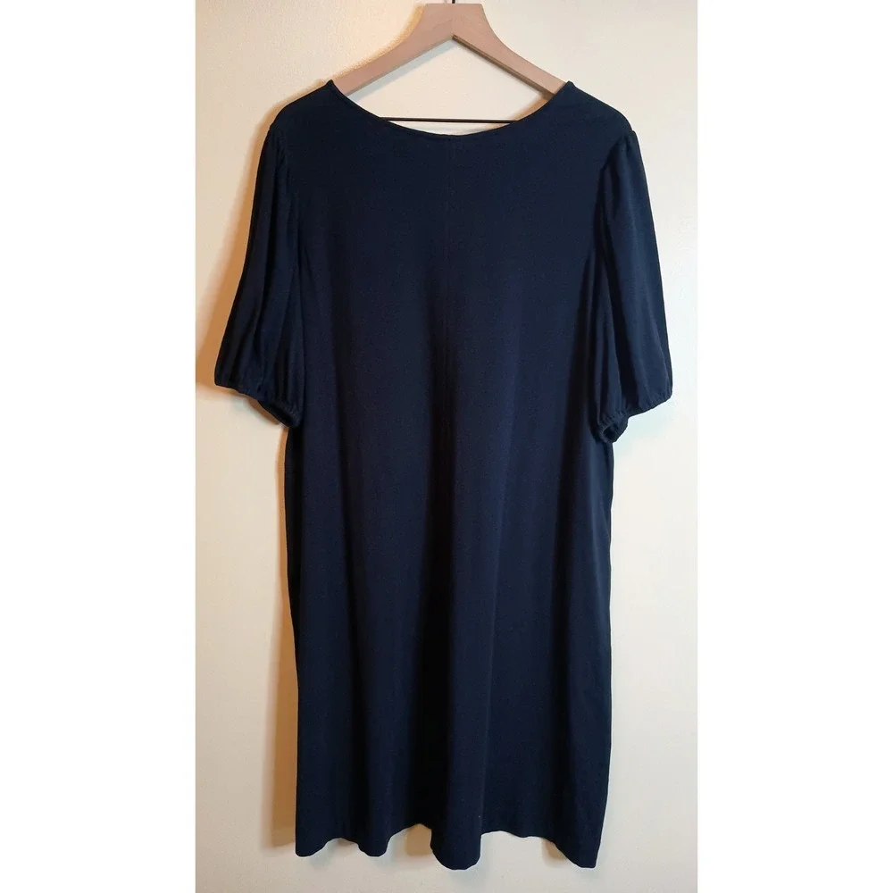 J.Jill XL Navy Knit Midi Dress Soft Subtle Puff Sleeve Pockets Soft Casual